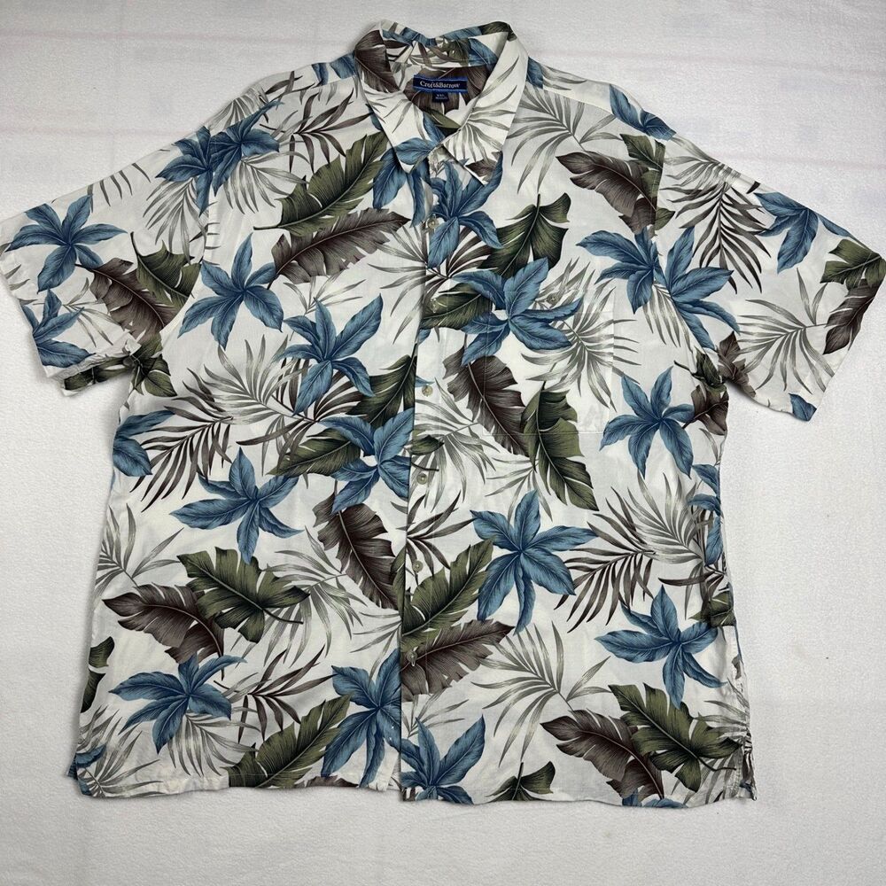 Croft & Barrow Men's Hawaiian Shirt XXL White Blue Green Tropical Leaf